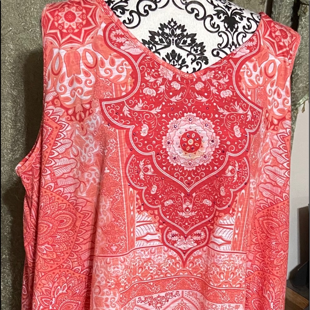 Red embellished handkerchief tank